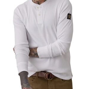 Belstaff imported White Ribbed Long Sleeve Henley Top Medium Shoulder emblem